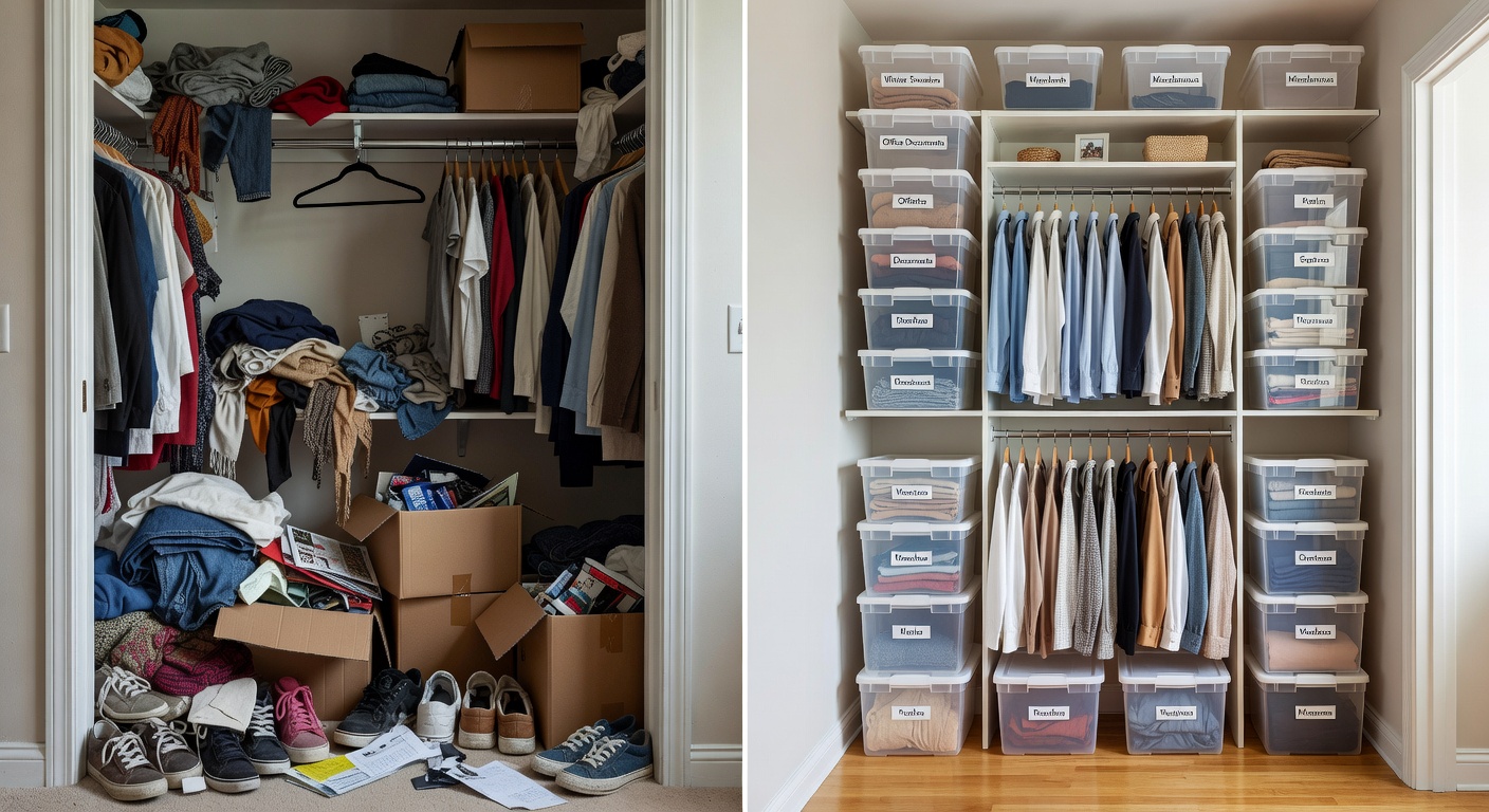 Before and after view of a closet transformed through Danshari decluttering
