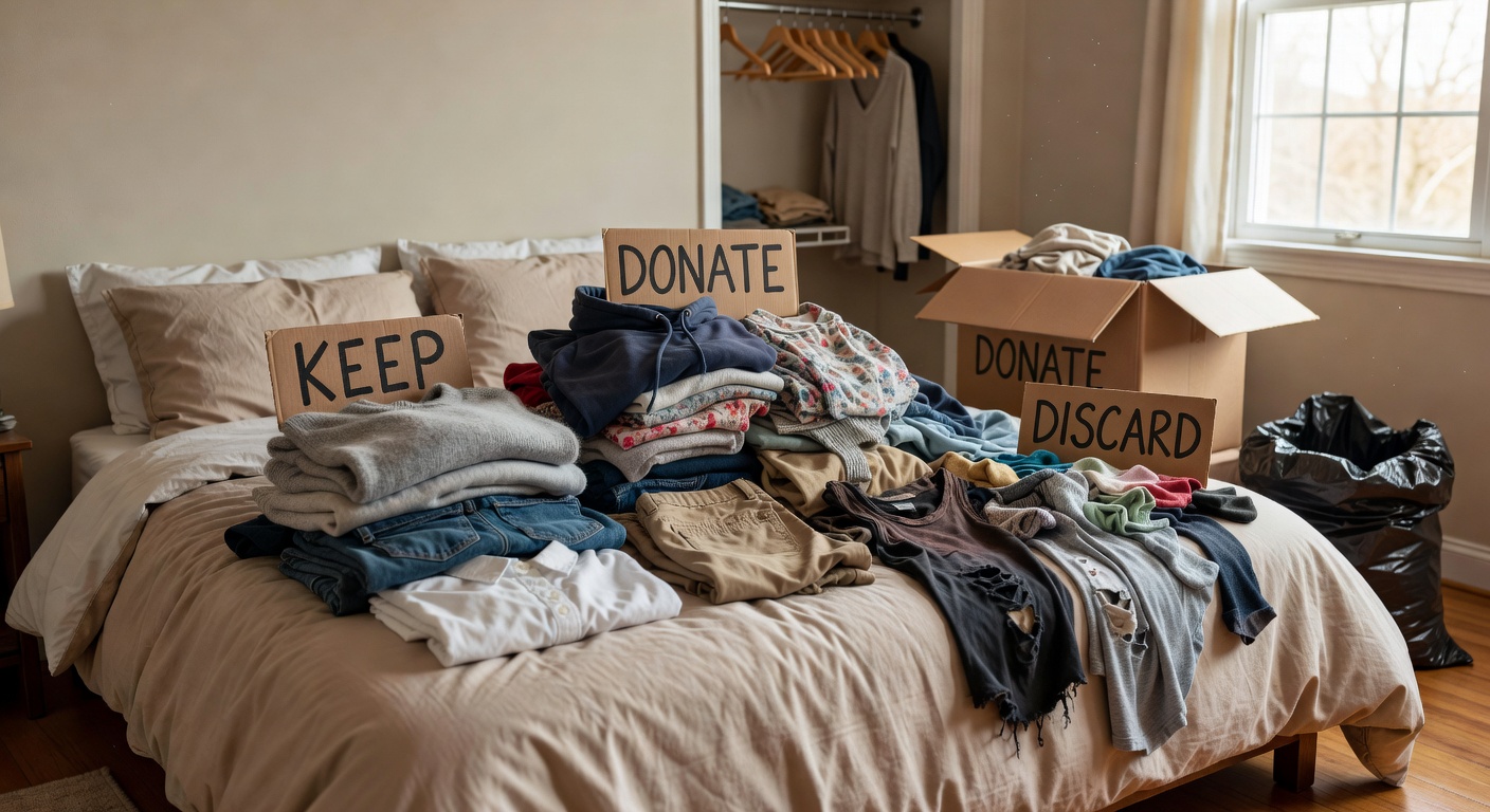The active process of sorting and decluttering clothing using the Danshari method