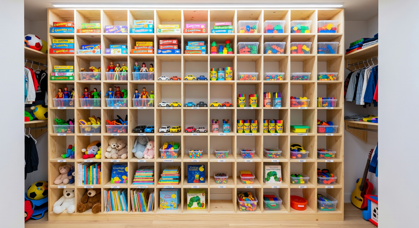 A well-organized closet area using grid storage systems for family items including toys