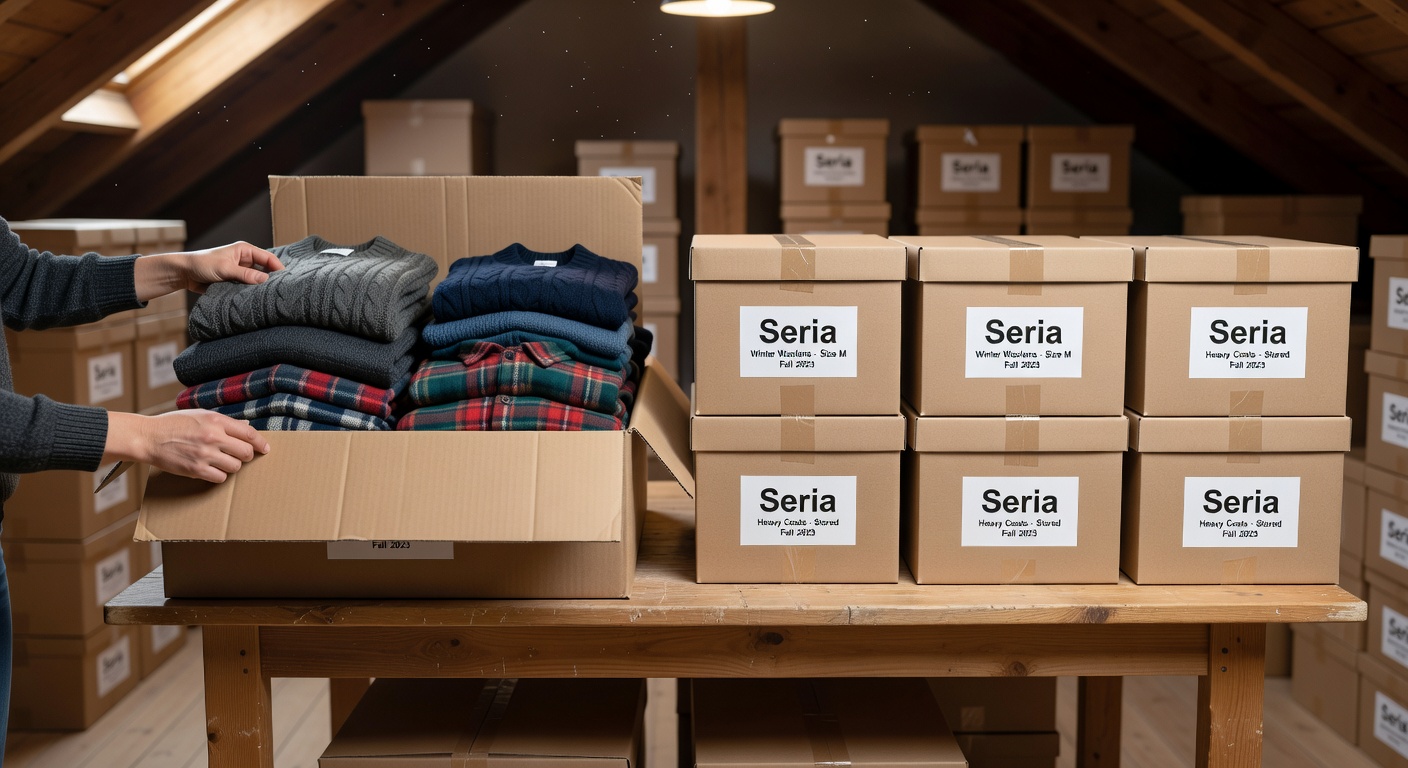 Seasonal clothes stored neatly in Seria boxes and bags, ready for rotation