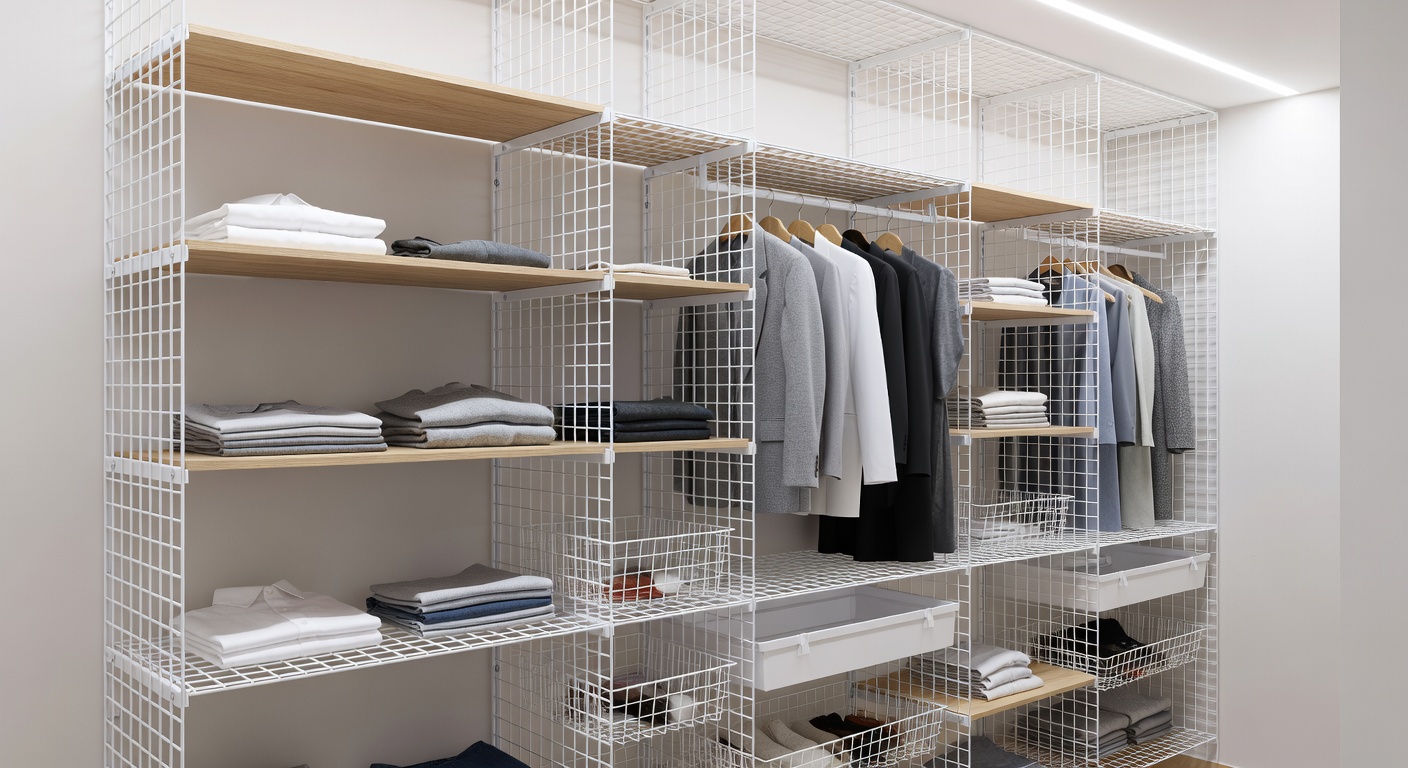 Seria grid panels assembled into a custom shelving system inside a closet