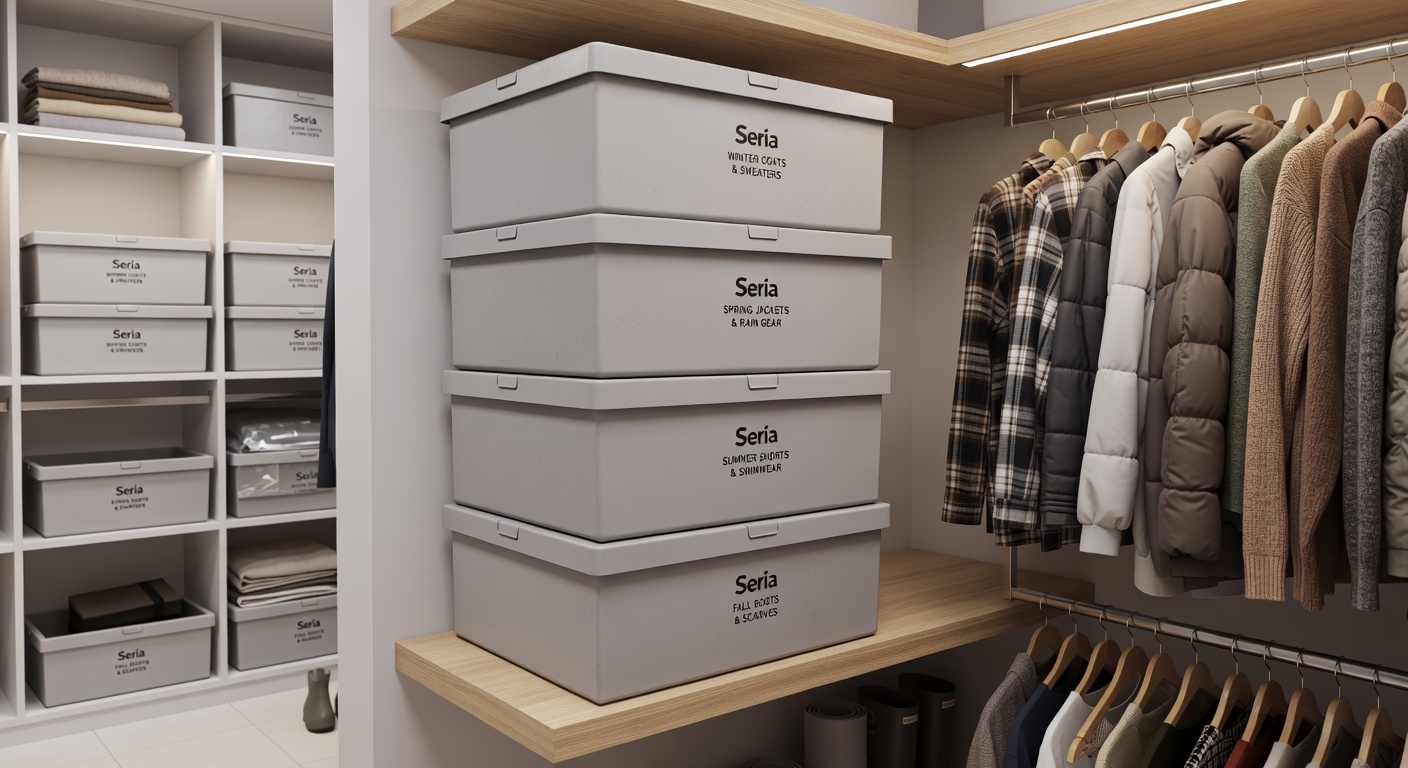 Seria stackable boxes organized neatly in a closet shelf system