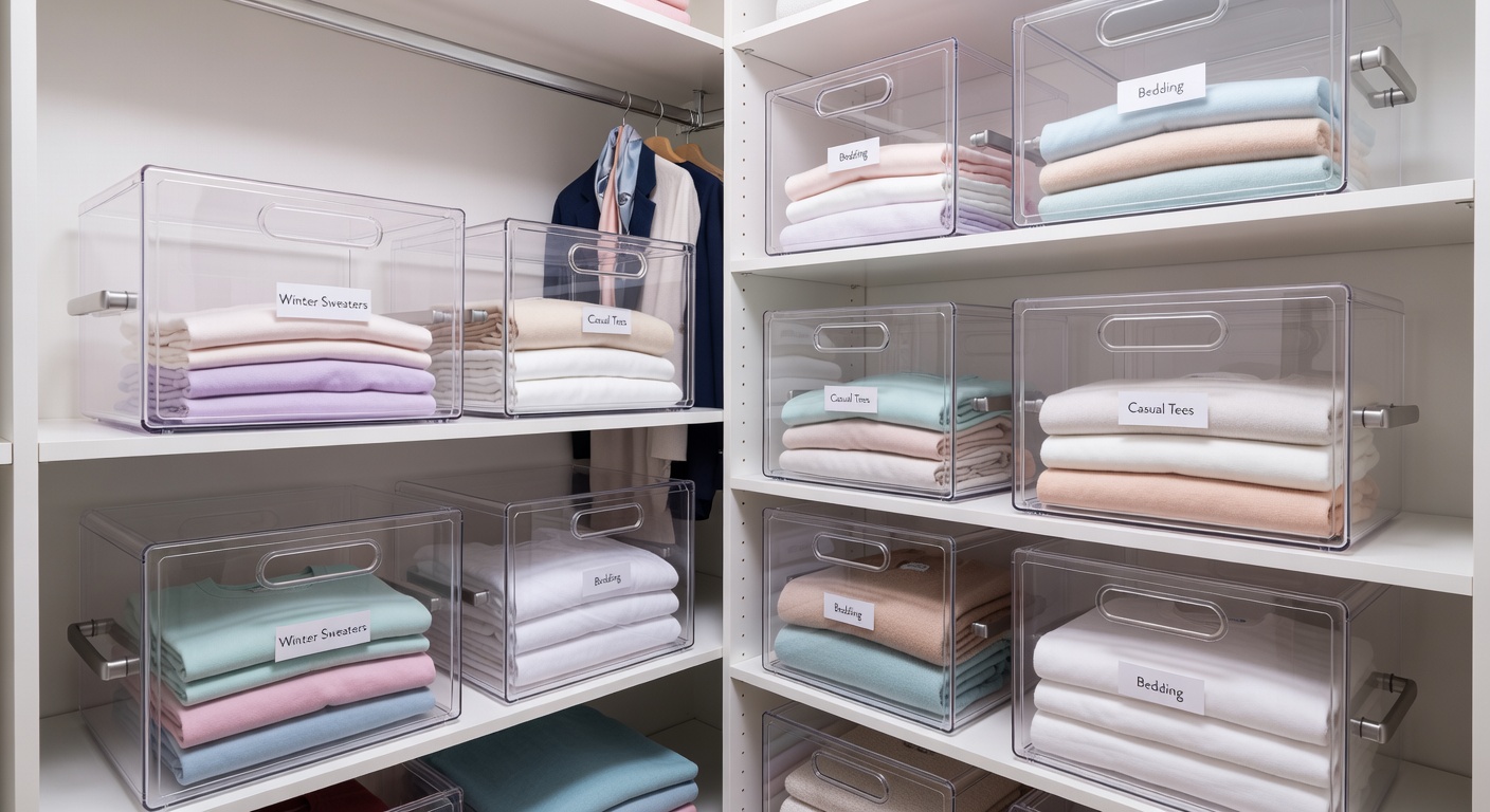 Transparent storage boxes organized in a closet shelf for easy content visibility